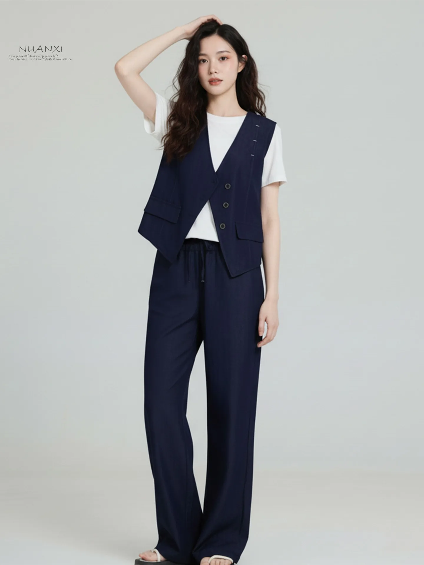 

Warm Nuanxi 2026 Spring Fashion Set Three-Piece Set Vest Wide Leg Pants Slimming Youthful Style Ladies High Waist Trousers