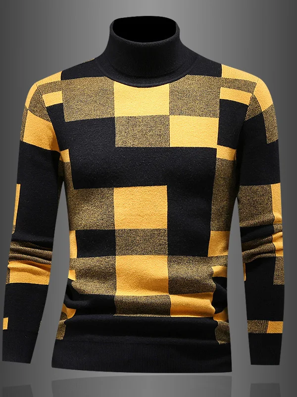 

Мужской вязаный свитер с высоким воротником, в клетку, премиум-класса, для ношения под одеждой, теплый, зимний, новый, модный, молодежный, из смесовой шерсти, длинный