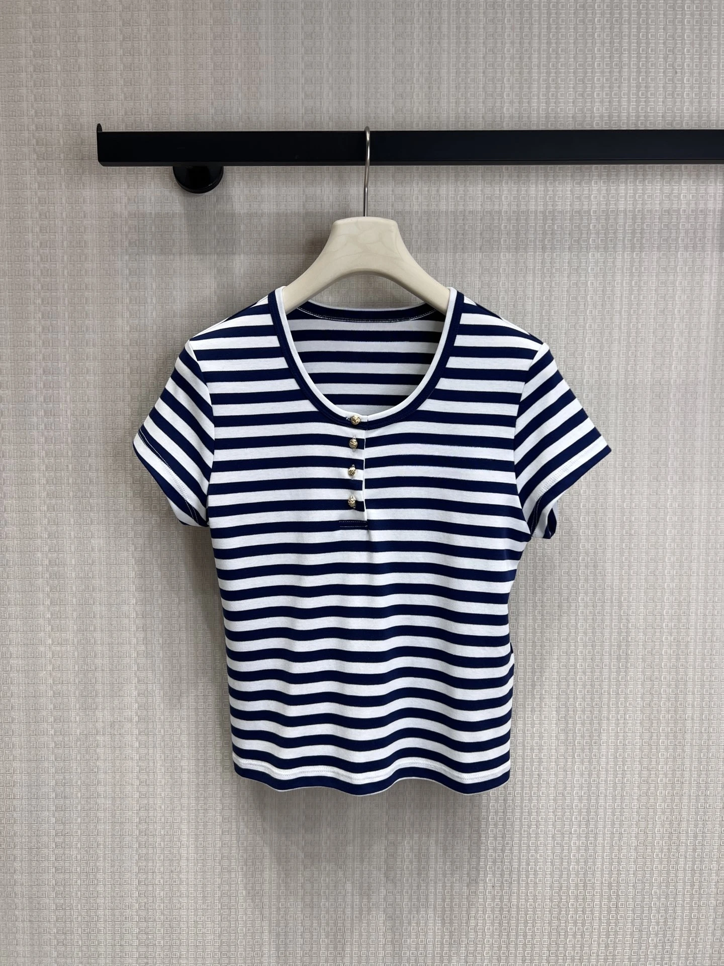 

Women's Blue White Stripes Henry Collar Short Sleeve T-Shirt Embroidered Metal Button Cotton Casual Top Ageless Fashion