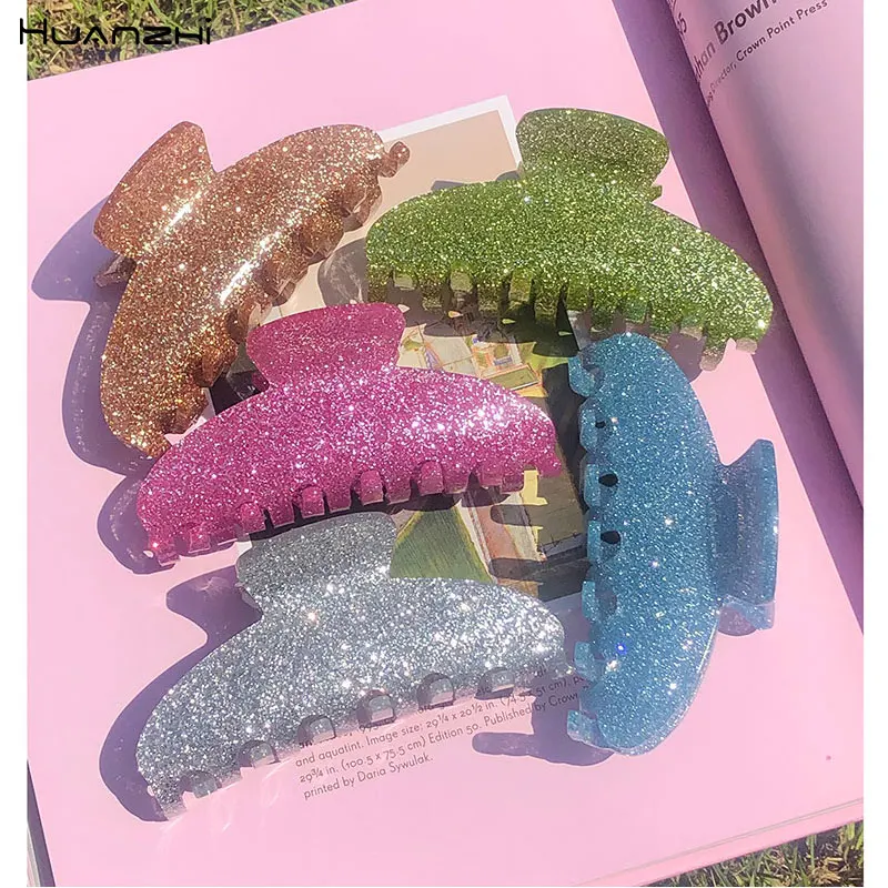 HUANZHI 2021 New Vintage Glitter Pink Green Acetate Bath Barrette Hair Claw Clips Ponytail for Women Y2K Hair Accessories