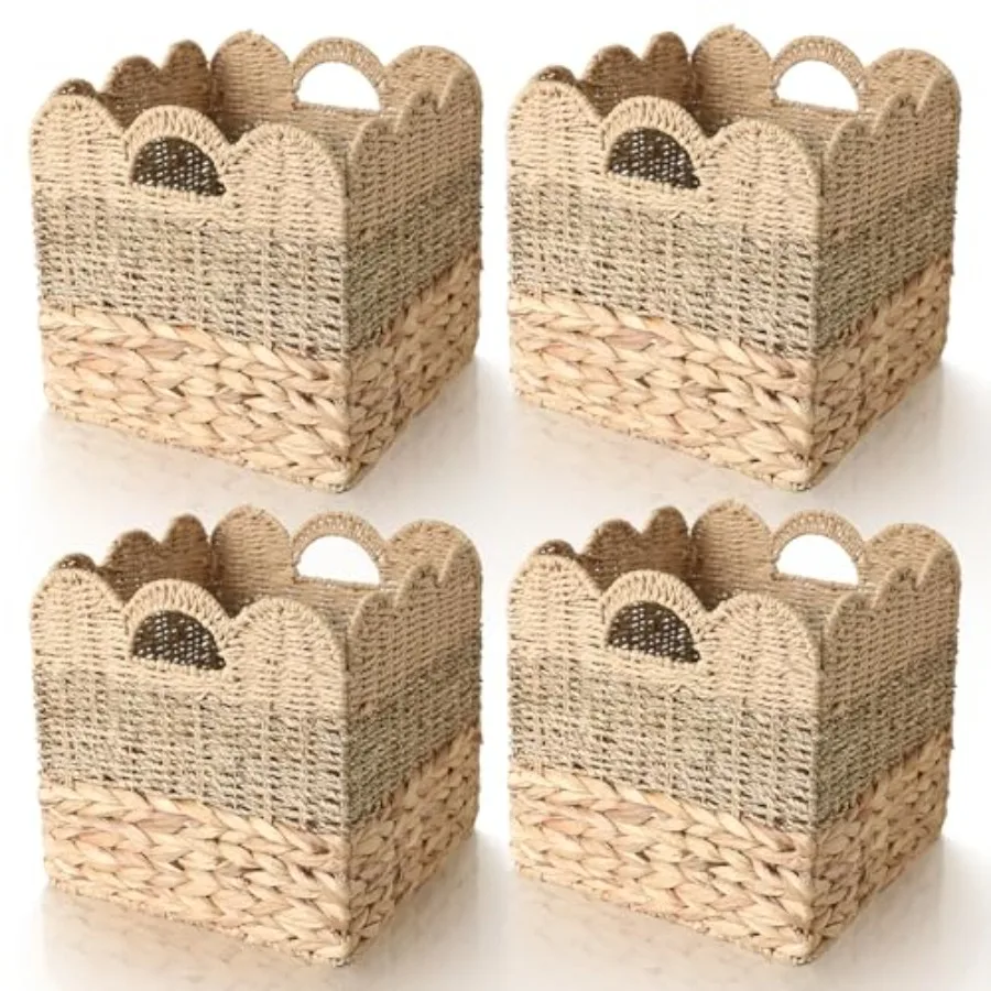 

12x12 Storage Cube Bins Wicker Storage Basket for Cube Shelf, Set of 4 Collapsible Scalloped Storage Bins with Handle, Square W