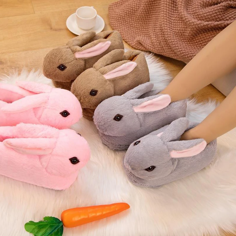 Winter Cute Pink Rabbit Gray Bunny Lifelike Cotton Anime Slippers Warm Non-slip Women Girls Cartoon Plush Indoor Slippers