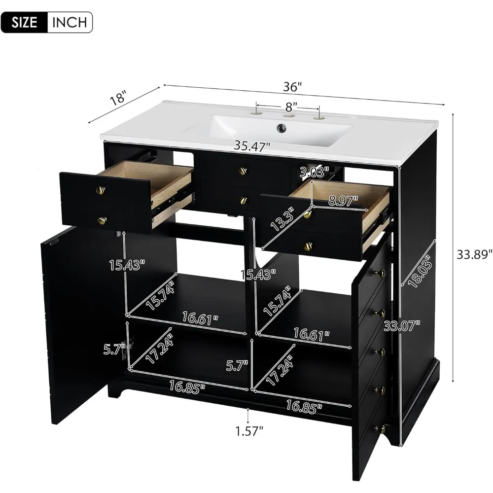 36 Inch Bathroom Vanity with Single Sink, Modern Bathroom Storage Cabinet with 2 Doors & 2 Drawers, Freestanding Bathroom