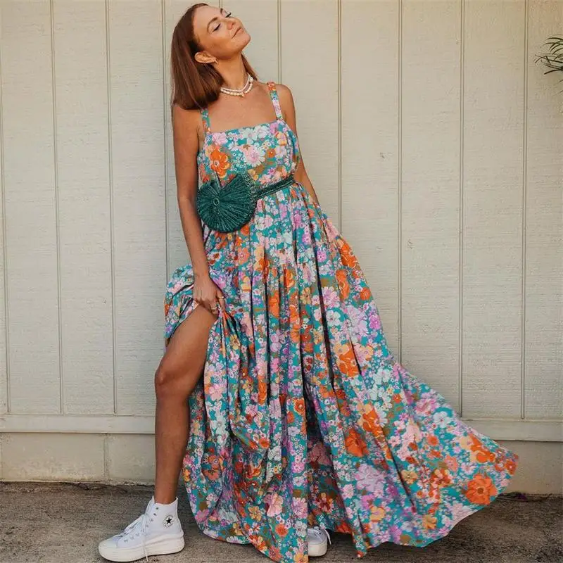 

Summer Bohemian Floral Long Dress Elegant Casual Backless Strap Large Swing Beach Maxi Dresses for Women Robe Sexy Prom Vestidos