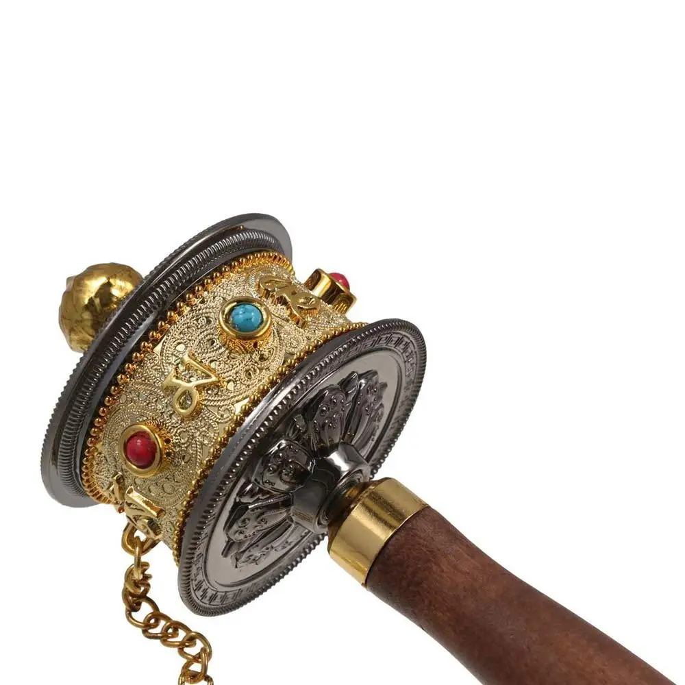 Hand Cranking Tibetan Prayer Wheel Colourful Hand Held Turn Praying Instrument Rotatable Wooden Handle Religious Ornament
