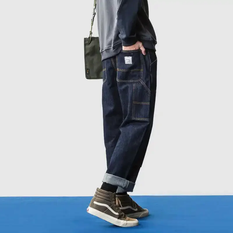 New Japanese Knee Patch Loose Straight Leg Pants Male Wide Skateboard Jeans for Male
