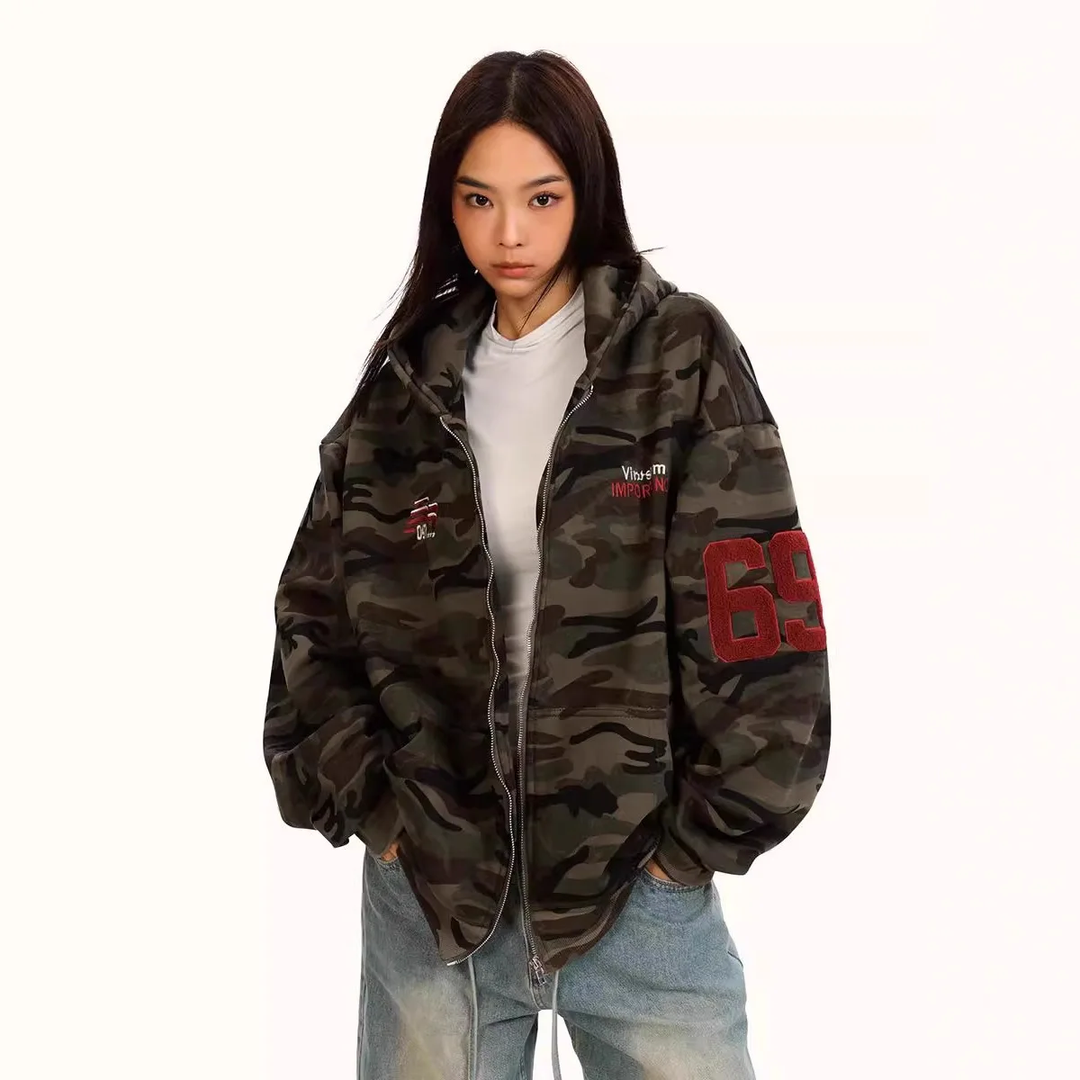 

FL Retro American Sle Fce Lined Oversize Hooded Cardigan Women's Loose Lazy Sle Thiened Zipper Coat for Autumn Winter Camouflage