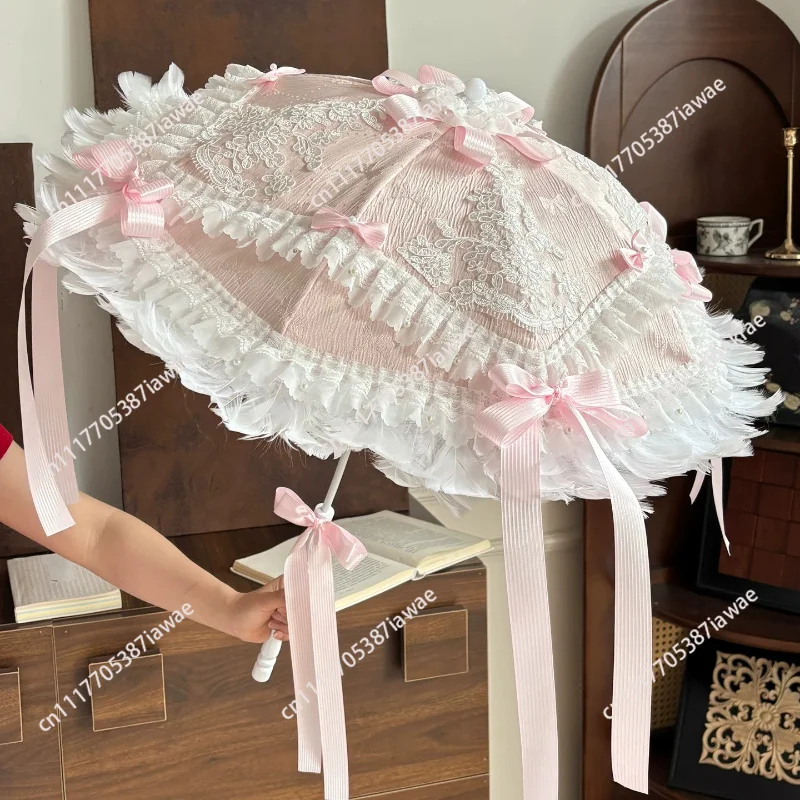 Lolita Style Pink Feather Decor Parasol Wooden Handle Swan Lake Theme Sweet Shooting Display Prop