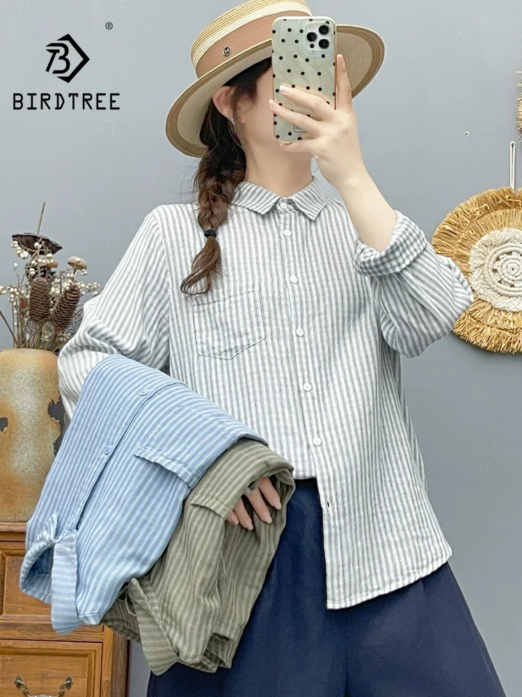 New 2026 Autumn Women Cotton Yarn Long Sleeve Shirt, Turn-down Collar Striped, Mori Girl OL Commute Soft Loose Blouse T6O525CC