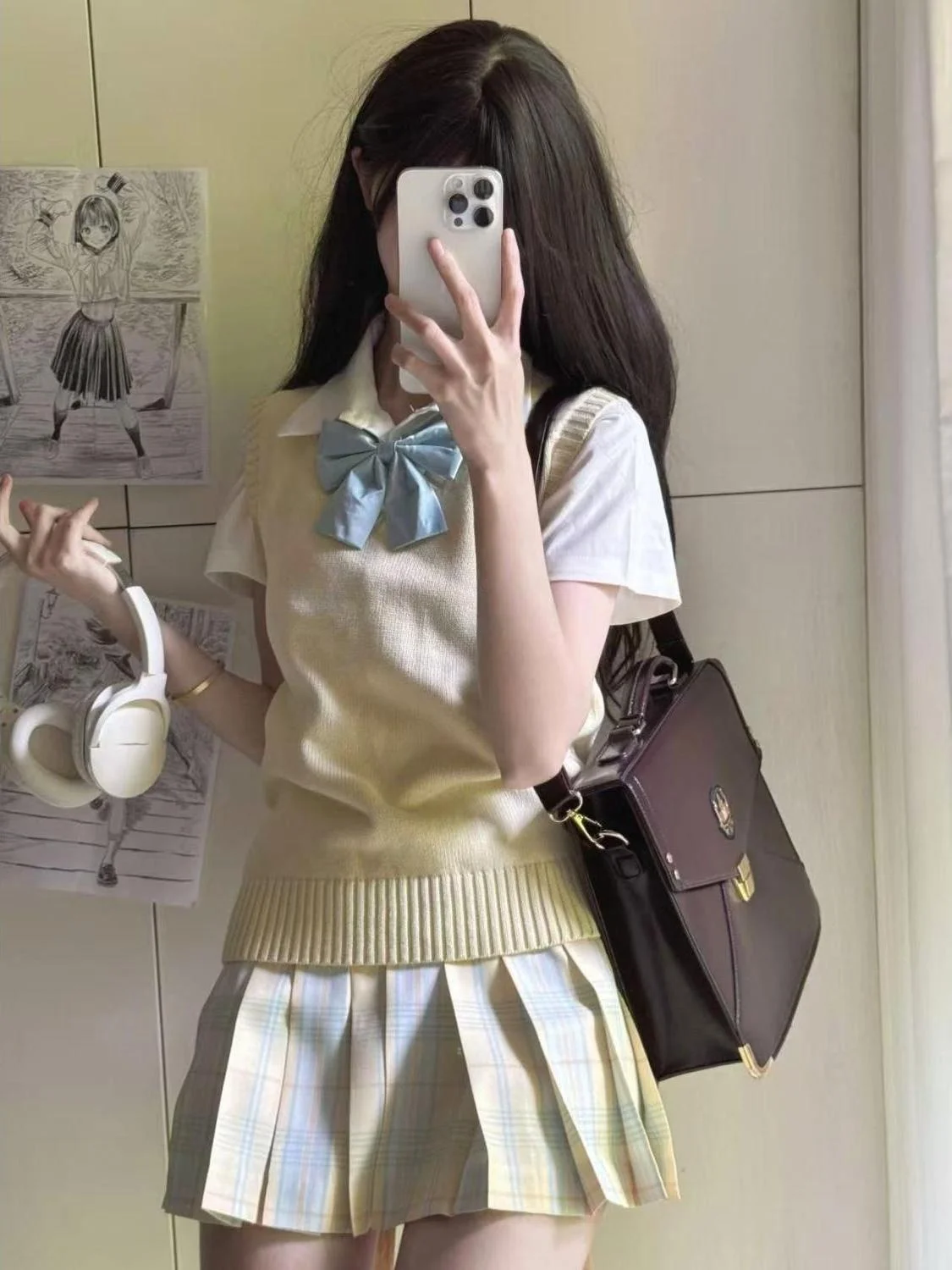 

JK Uniform Set College Style V-neck Vest Shirt Layering Sensation School Supply Short Sleeve Knot mid High Waist Skirt