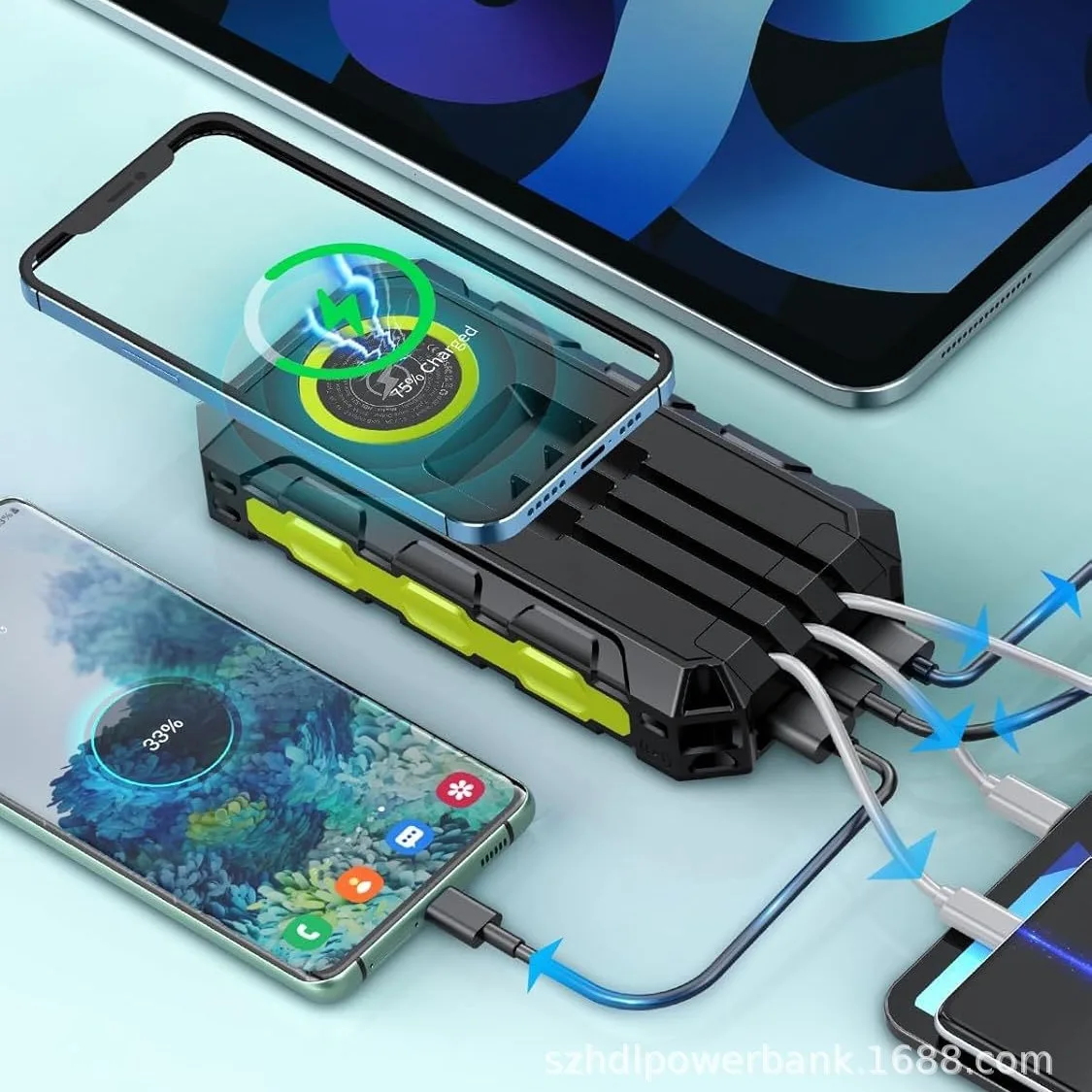 30000mAh Power Bank Waterproof Solar Powerbank Wireless Charger For iPhone 15 14 Samsung Xiaomi Fast charging External Battery