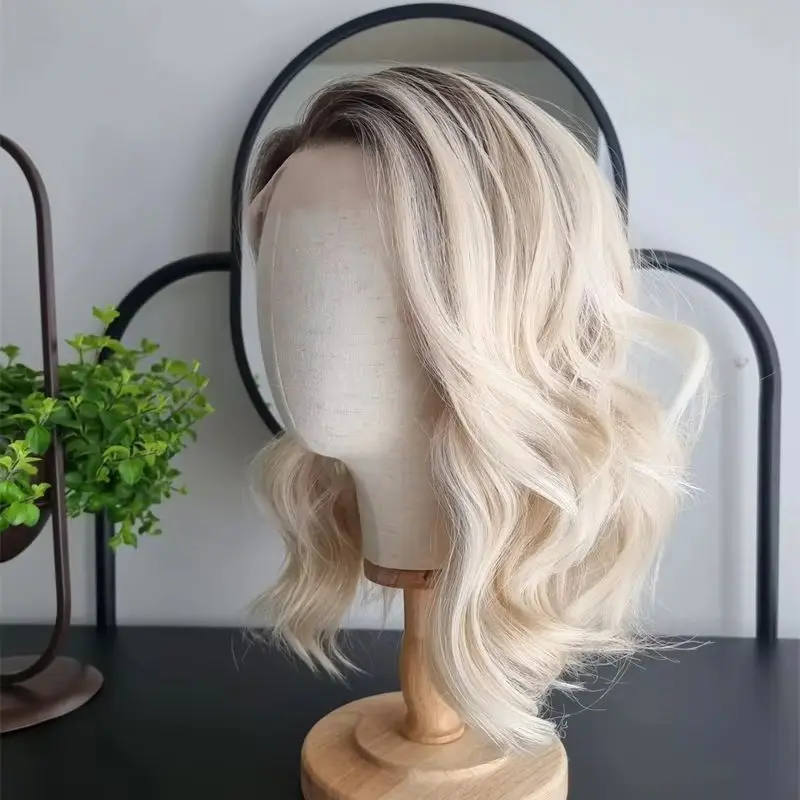 13x4 Middle Part Ombre Creamy Blonde Synthetic HD Lace Front Wig Short Wave Bob Heat Resistant Fiber Wigs Preplucked Hairline