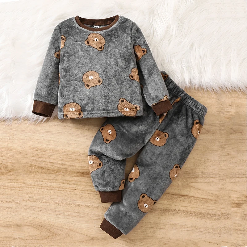 2 Stuks Flanellen Pyjama Voor Kinderen Met Cartoon Patroon Ronde Hals Top En Broek Set Warme En Comfortabele Casual Pyjama