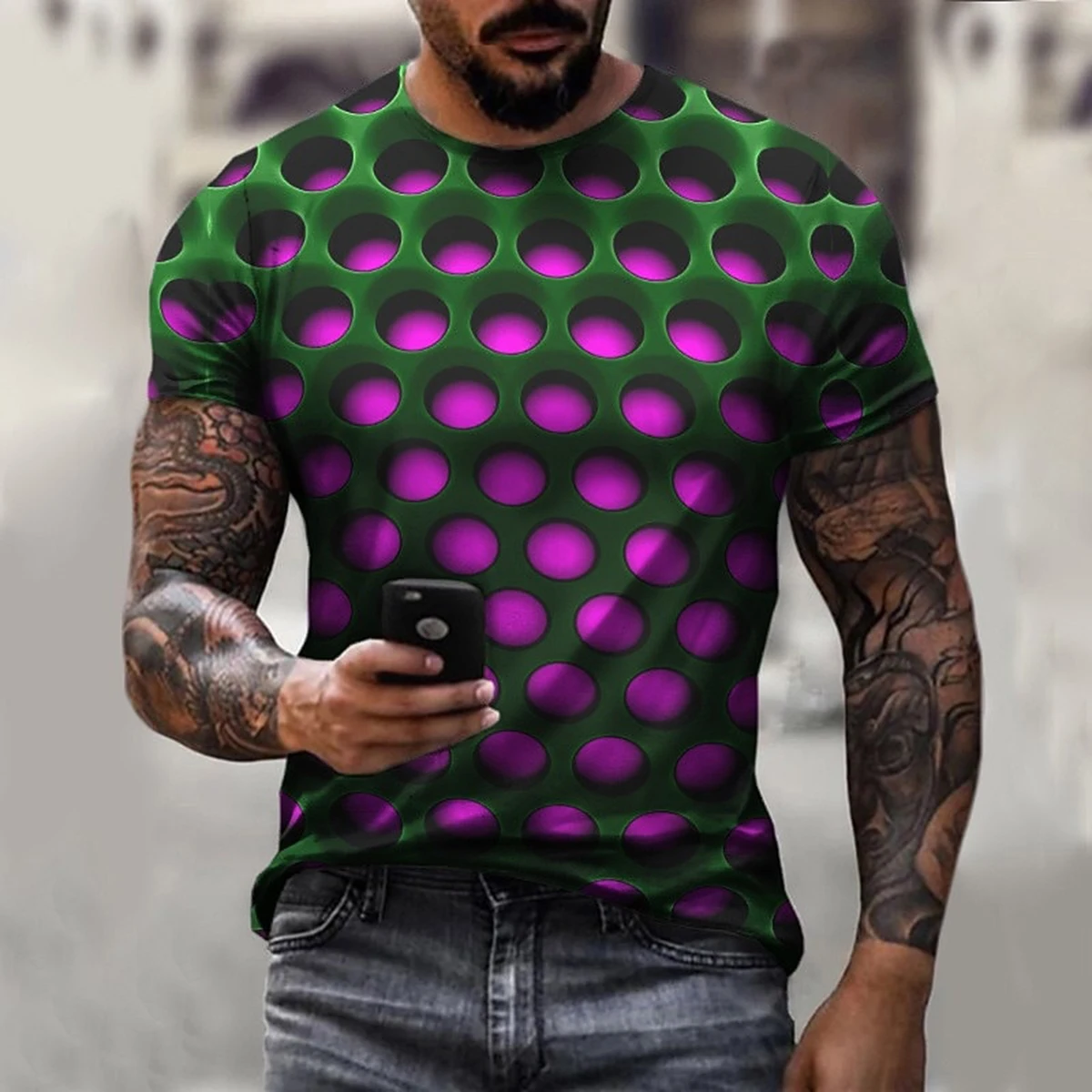 Men's Harajuku Hip Hop T-shirt 3D Optical Illusion Gradient Street Trend Short Sleeve Fashion Versatile Top