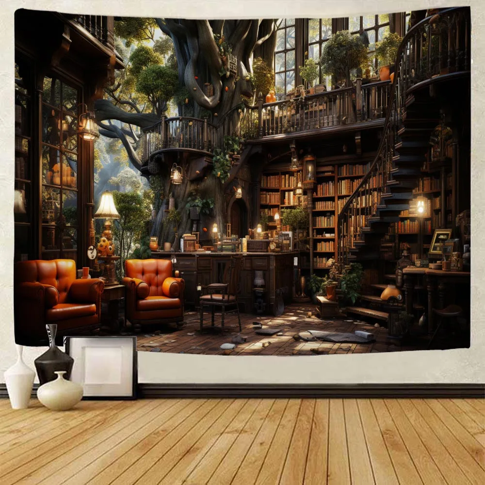 Gothic Landscape Tapestry Wall Mounted Retro Psychedelic Bookshelf Bedroom Living Room Dormitory Decorations Artistic Home Decor