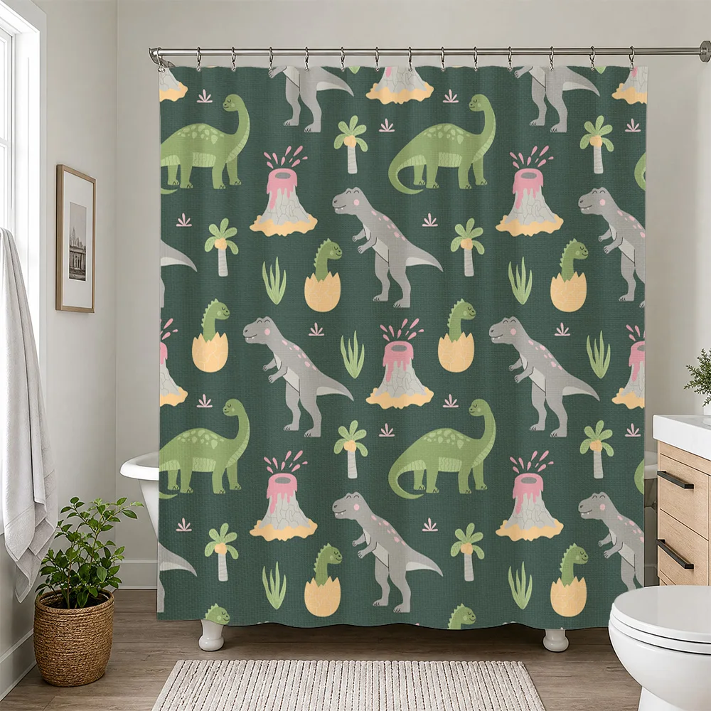 Fun Dinosaur Shower Curtain Waterproof Jungle Safari Print Bathroom Decor Kids Nursery Tropical Rainforest Liner Linens