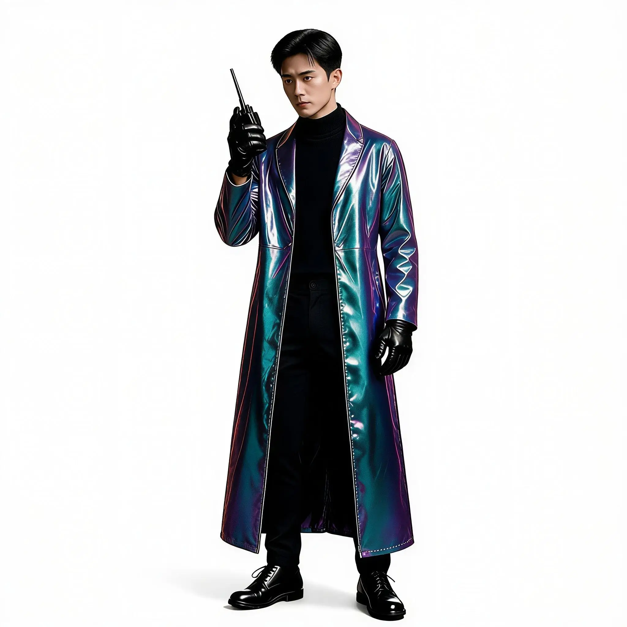 Men Glossy PU Punk Long Trench Coat Sleeveless Open Front Buckle Waist Blazer Outerwear for Party Cool Motorcycle Leather Jacket
