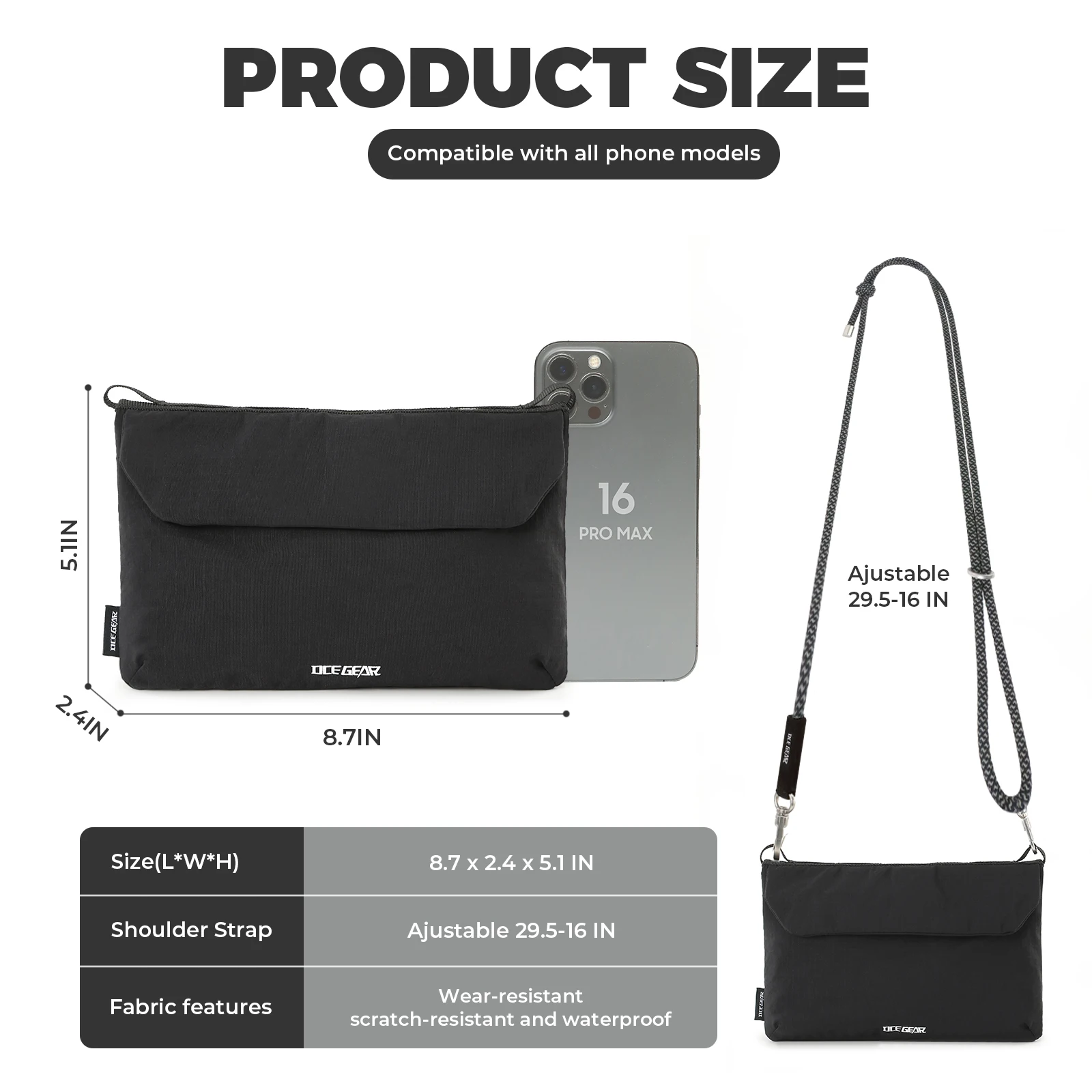 OCEGEAR Small Crossbody Bag Adjustable Rope Straps Lightweight Compact Phone Bag For Travel Outdoor Fashion Accessory