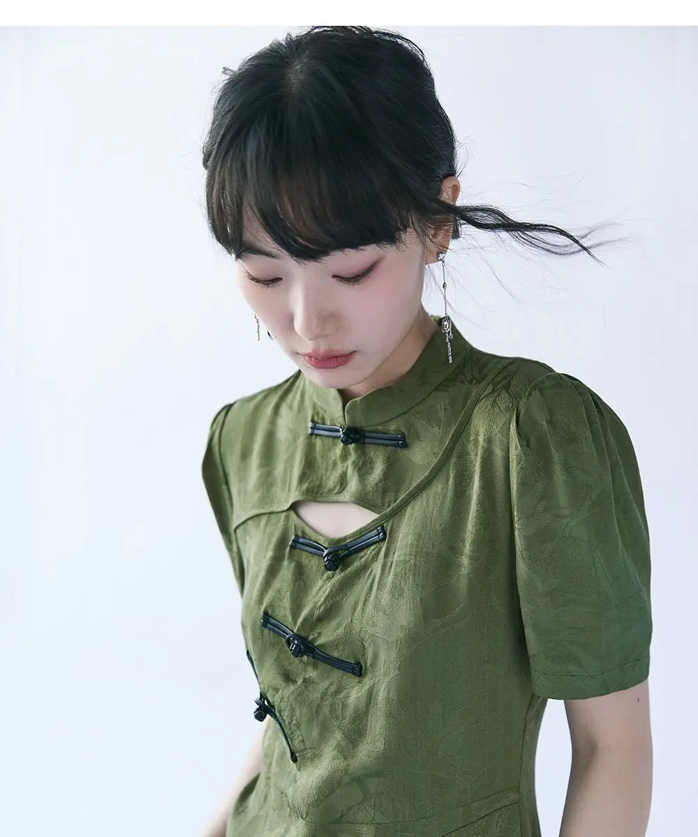 Spring New Chinese Style Improved Fashion Hollow Out Qipao Dress Vintage Girl Cheongsam Dress Green Fashion Daily Dress