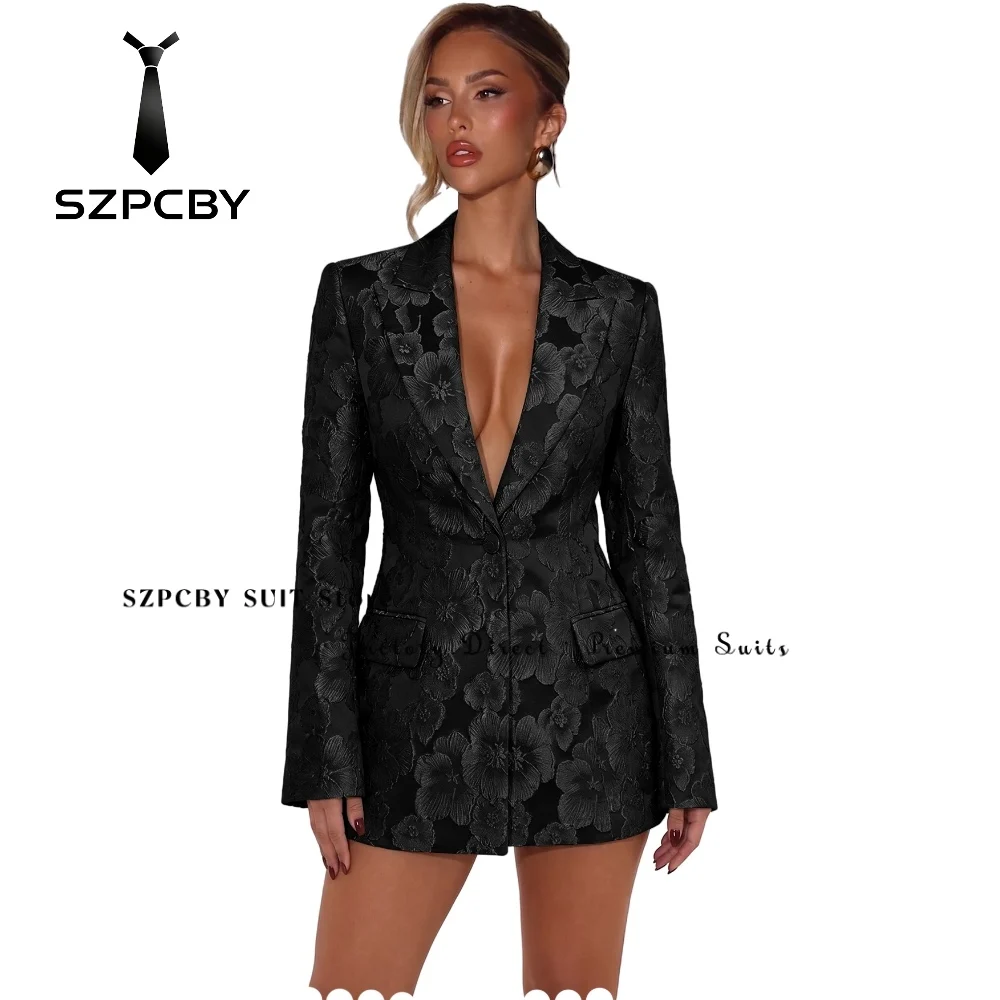 Customized Womens Blazer Dress Black Jacquard Floral Suit Dress for Women V Neck Satin Blazer Jacket Fashion Birthday Outfits