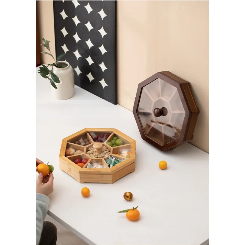 New light luxury household bamboo octagonal with cover, living room refreshments, heart snacks, fruit plate