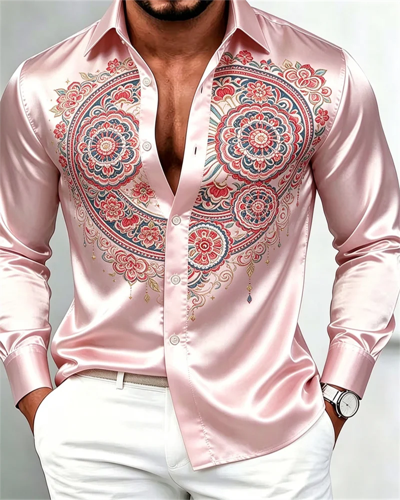 New men's shirt with navy blue satin, blue and white mandala 3D printing, slim fit and trendy men's shirt