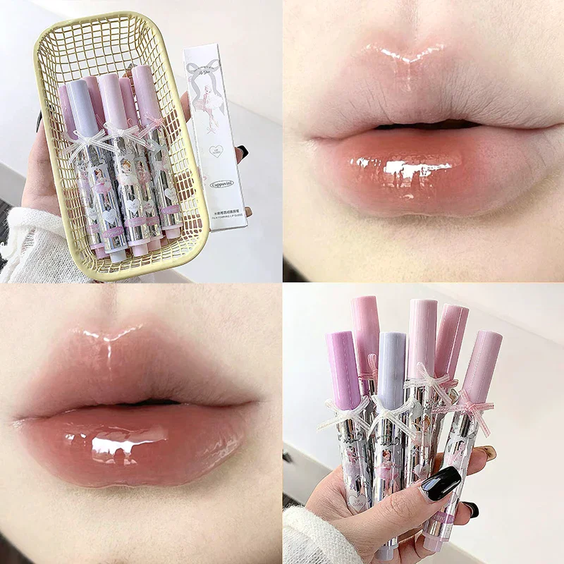 Lucidalabbra Cappuvini Ballet Girls con Cristalli a Specchio, Gloss Labbra Effetto Acqua, Impermeabile, con Applicatore a Spugna, Tinta Labbra Effetto Gelatina