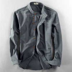 Chemise à col montant en lin pour homme, coupe Slim, Simple boutonnage, Style Vintage japonais, mode décontractée, printemps