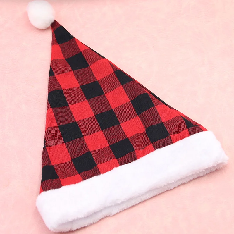 (1 Pcs/bag)28cm Checkered Christmas Hat Plush Edges Christmas Decoration Children Cute Adults New Year's Photo Atmosphere