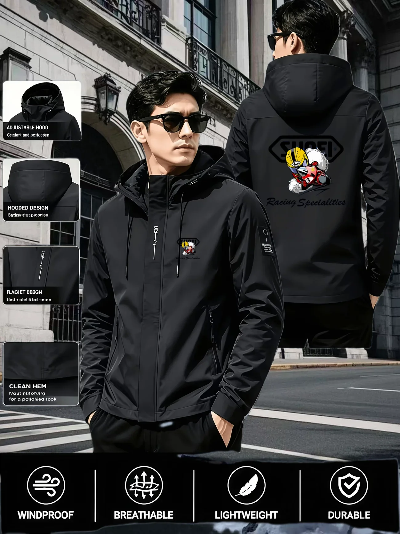New Men' Fashion Brand New Racing Element Printed Zipper Jacket Lightweight Autumn Outdoor Sports Windproof Rainproof Hooded Top