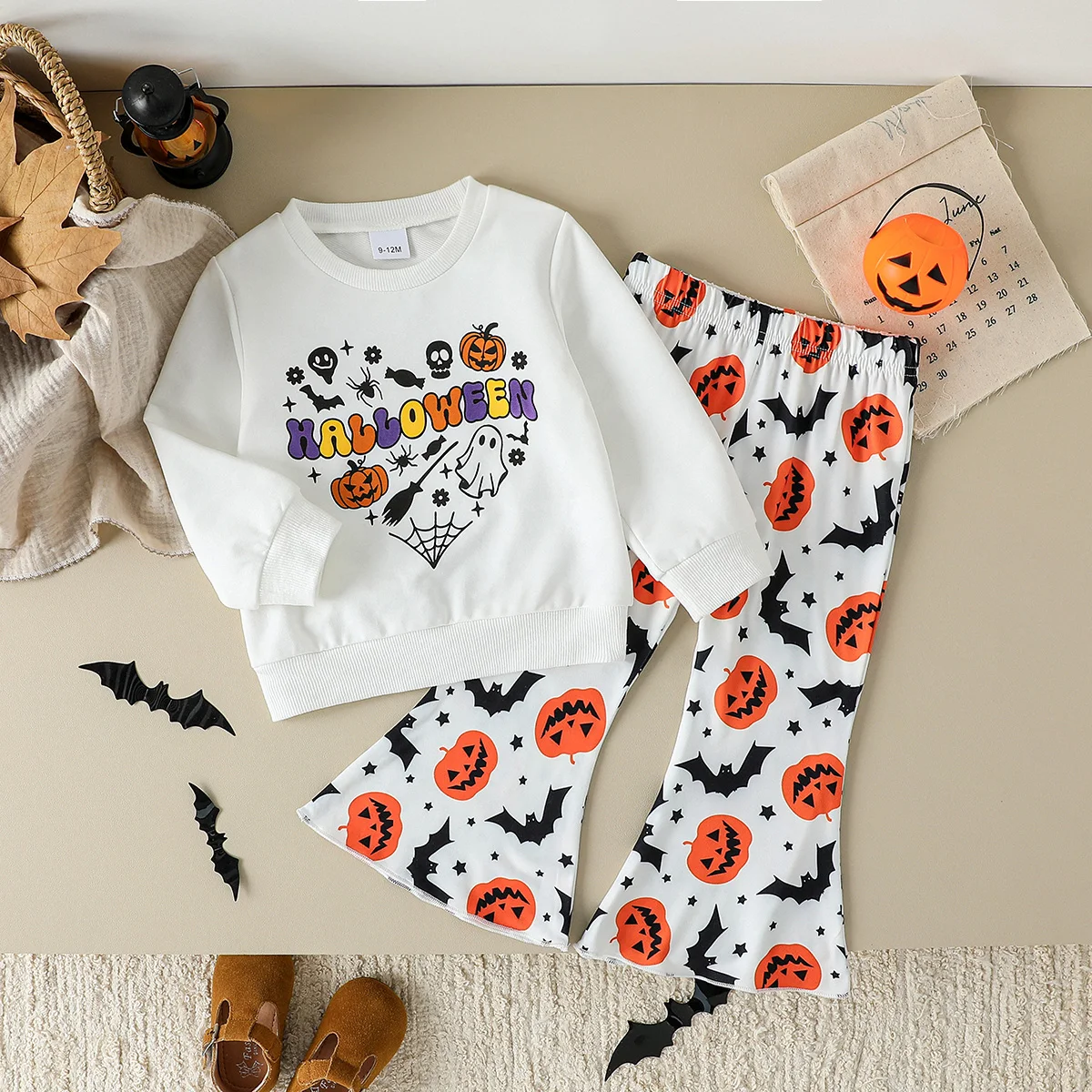 

2025 New Baby Girls Halloween Outfits Letter Print Long Sleeve Sweatshirt Pumpkin Print Flare Pants Set 2 Piece Clothes For 1-3