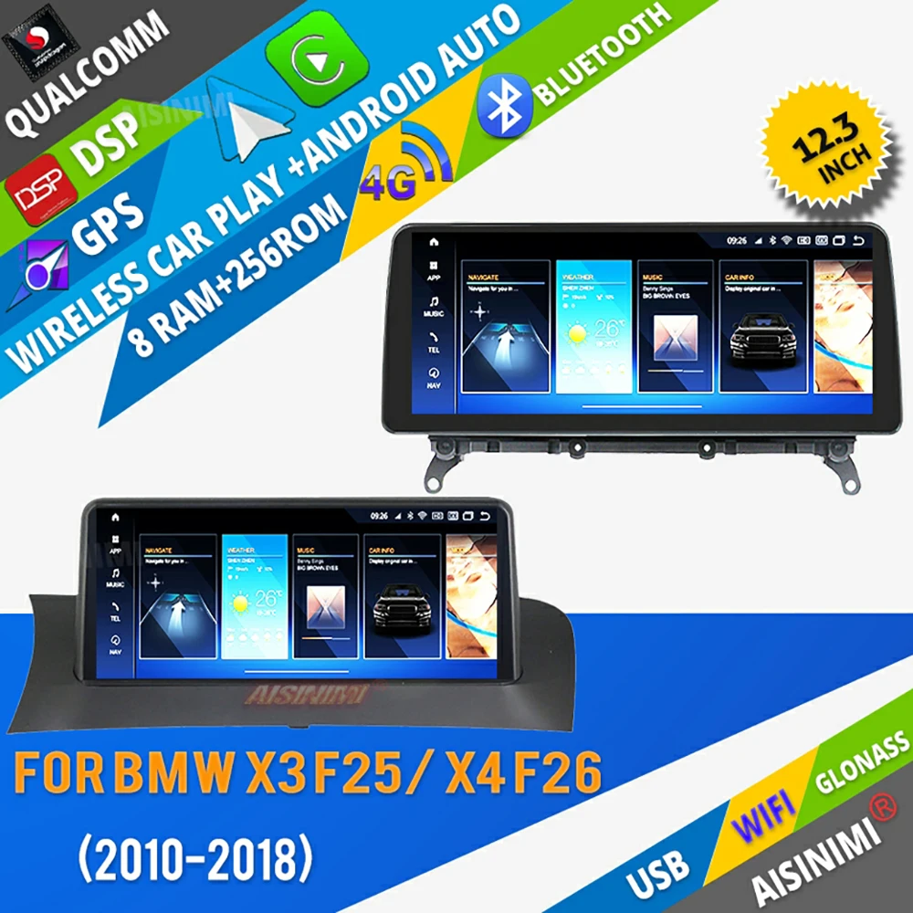 

AISINIMI 8+256 Qualcomm Android 13 Car Dvd Navi Player For BMW X3 F25 X4 F26 audio GPS stereo