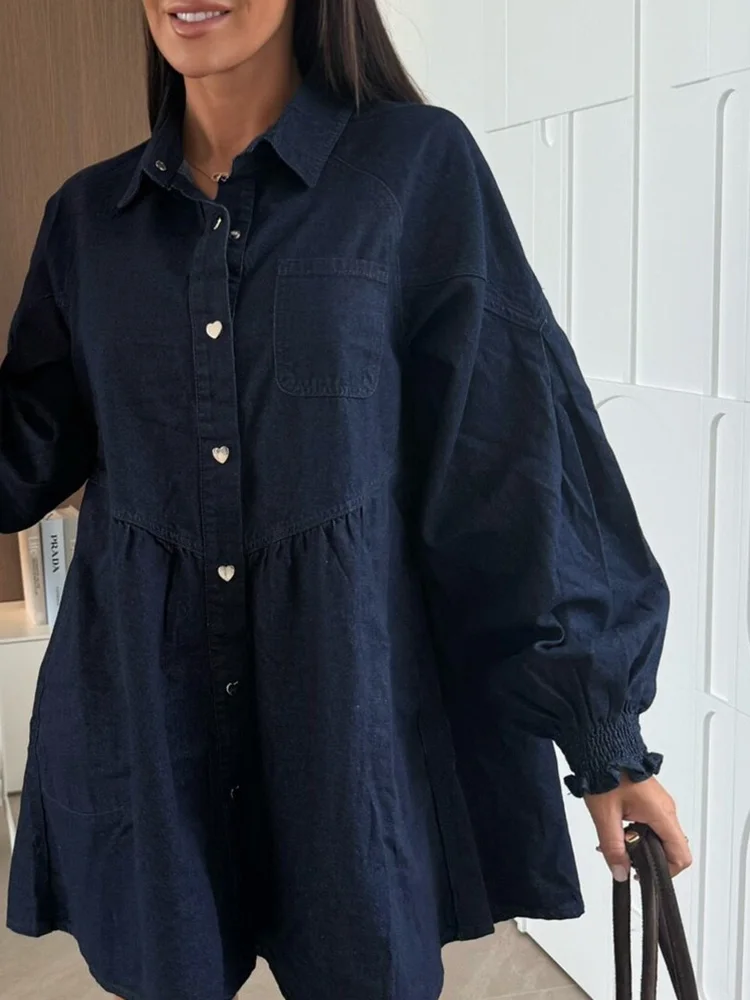 Vintage Solid Color Denim Short Dress New Long Sleeve Lapel Single Breasted Shirts Dress Autumn Women Casual Commute Mini Dress