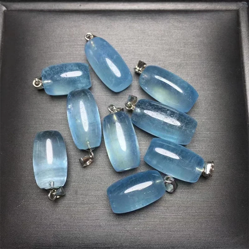 S925 Natural Aquamarine Bucket Beads Pendant Jewelry Fashion Blue Crystal Reiki Healing Stone DIY Accessories Gift