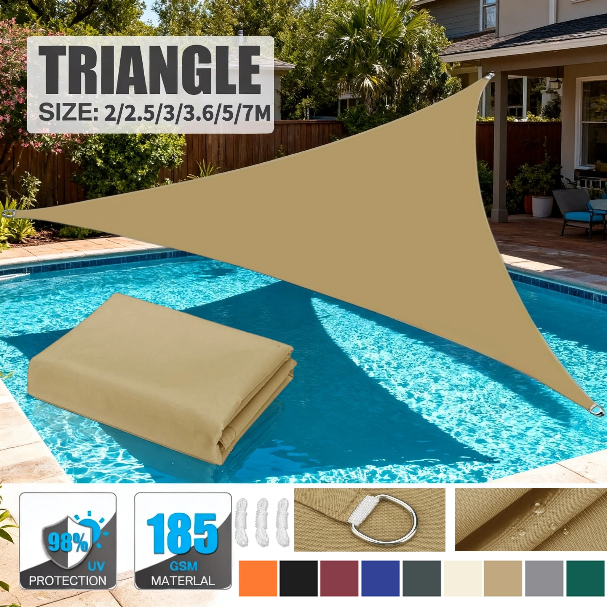 2/2.5/3/3.6/5/7M Sun Shade Sail Waterproof Triangle Canopy Heavy Duty Shelter Outdoor Shade Cover Awning Outdoor Patio Pool Tent