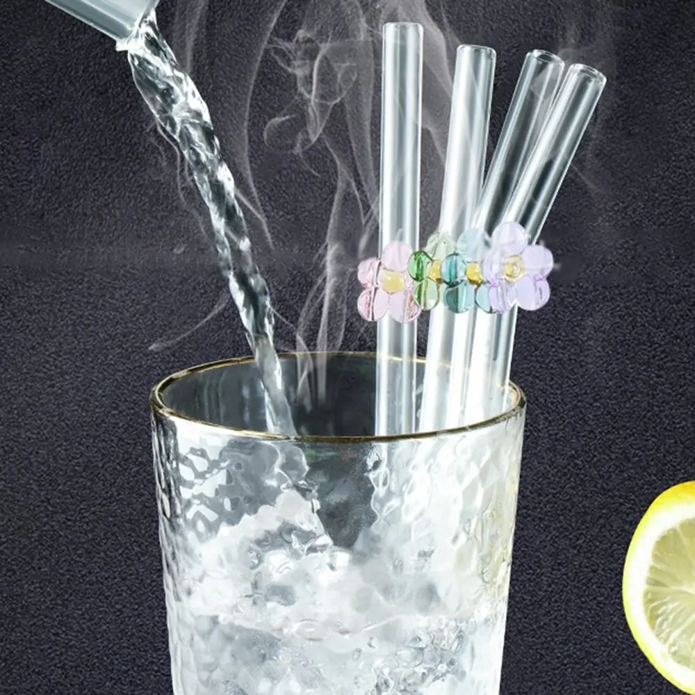 Glass Flower Glass Straws Transparent Heat-resistant Straight Bend Straws Drinkware Reusable Juice Drink Blender Stick