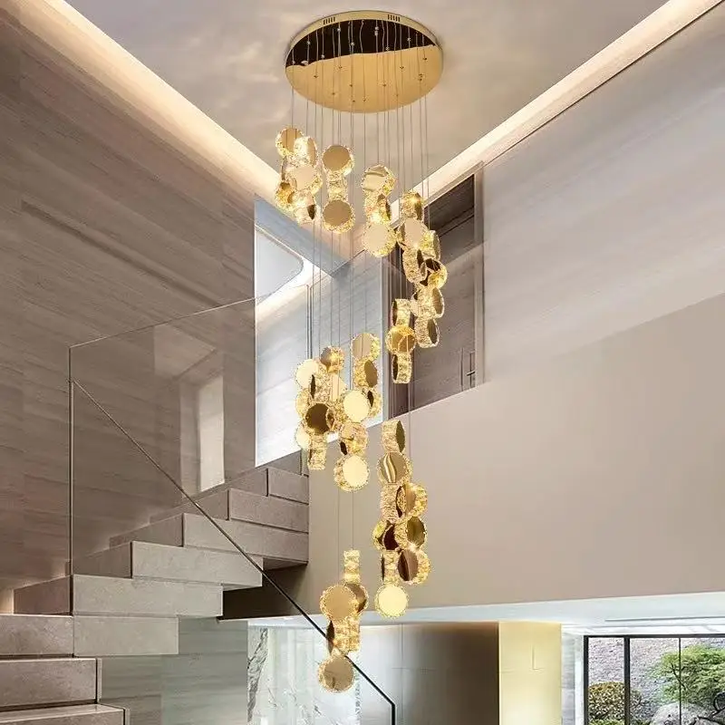 

Rotating staircase long chandelier villa living room chandelier Interior designer crystal chandelier modern LED gold chandelier