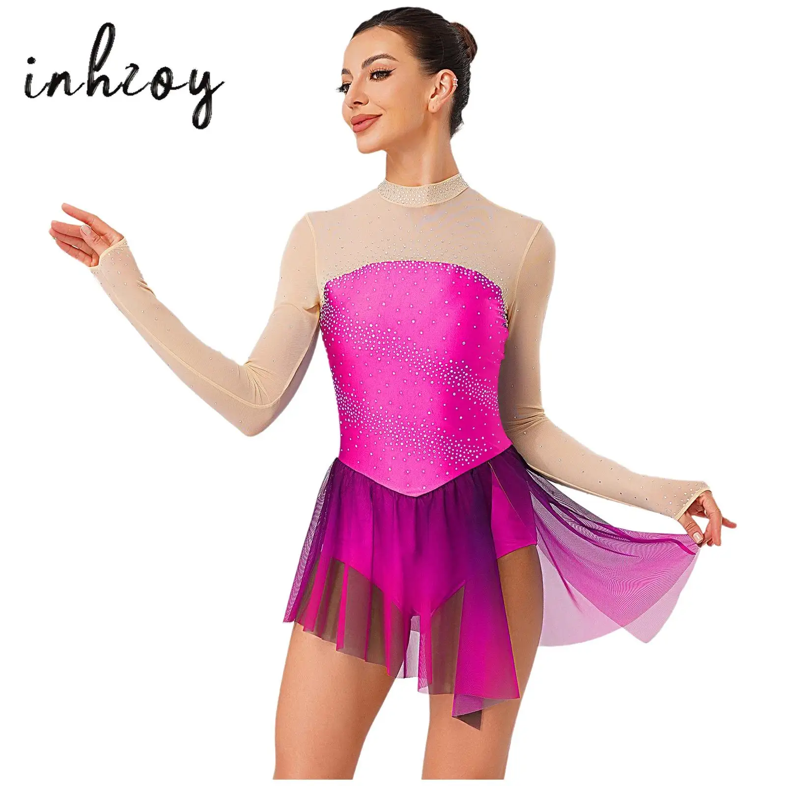 

Womens Figure Skating Leotard Dress Rhinestones Sheer Mesh Patchwork Gradient Skirt One-piece Bodysuit Dress Ballet Gymnastics