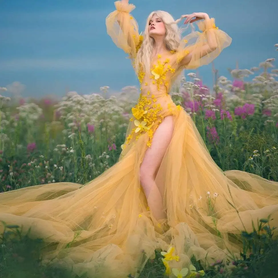 Yellow Tulle Prom Dress With 3D Flowers Floral Print Dress See-Through Sexy High Side Silt Dress With Train Photo Shoot Dresses