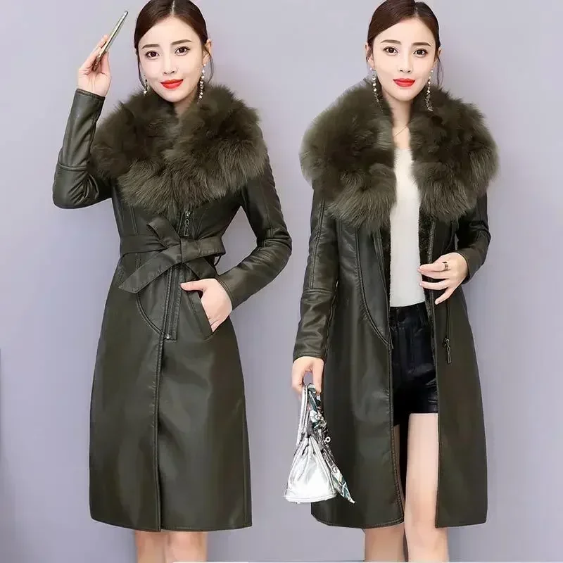 WTEMPO Large Fur Collar Winter Leather Jacket Women Plush Thickened Mid Length Korean Slimming Waist Closing Leather Jacket