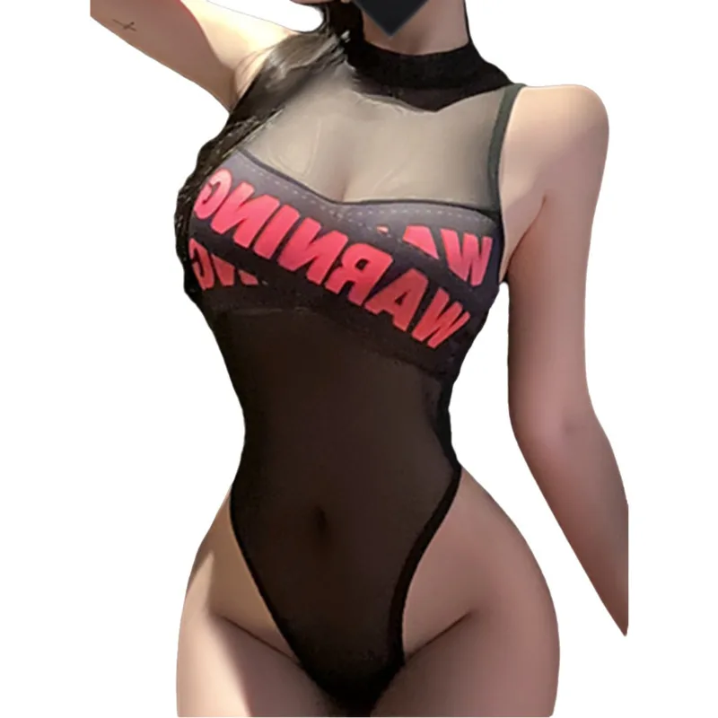 

Sexy Tight-fitting Cute Letter Printed Bodysuits Pure Desire Small Chest Transparent Mesh Bodysuits Sleepwear For Women LBRI