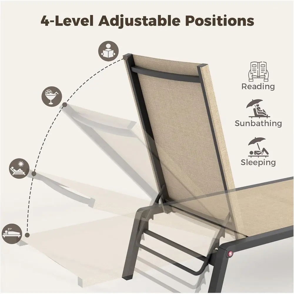 طقم صالة تشيس ألومنيوم خارجي مكون من قطعتين مع مساند ظهر قابلة للتعديل، قابل للطي لجانب حمام السباحة أو حمامات الشمس، بيج #4