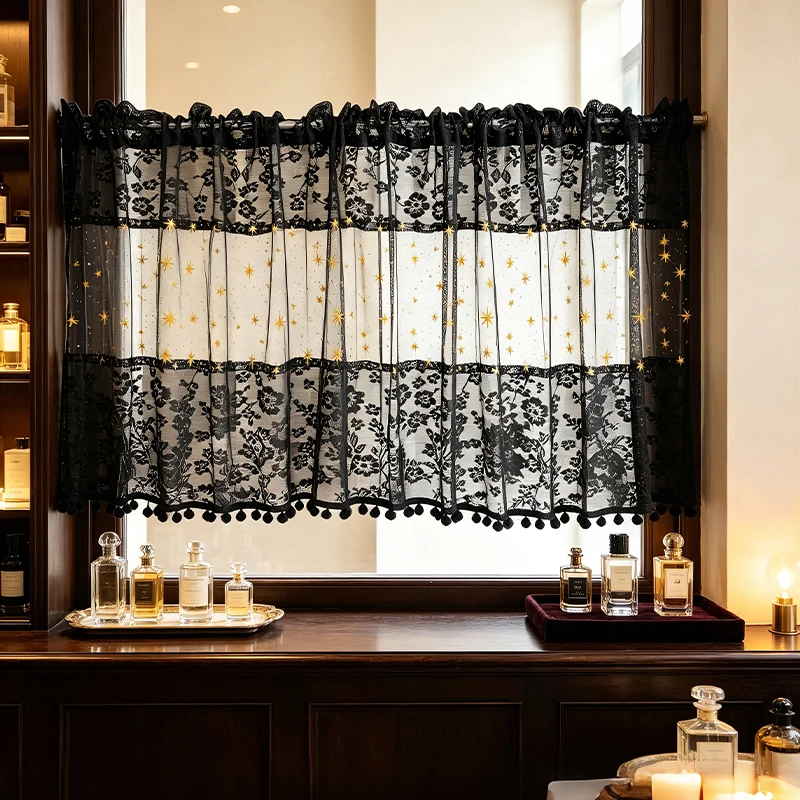 1pc Retro 3‑Panel Tier Curtain, Spliced Black Floral Lace Raised Red Rose Embroidery, Rod‑Pocket Pom‑pom Edge Window Drape