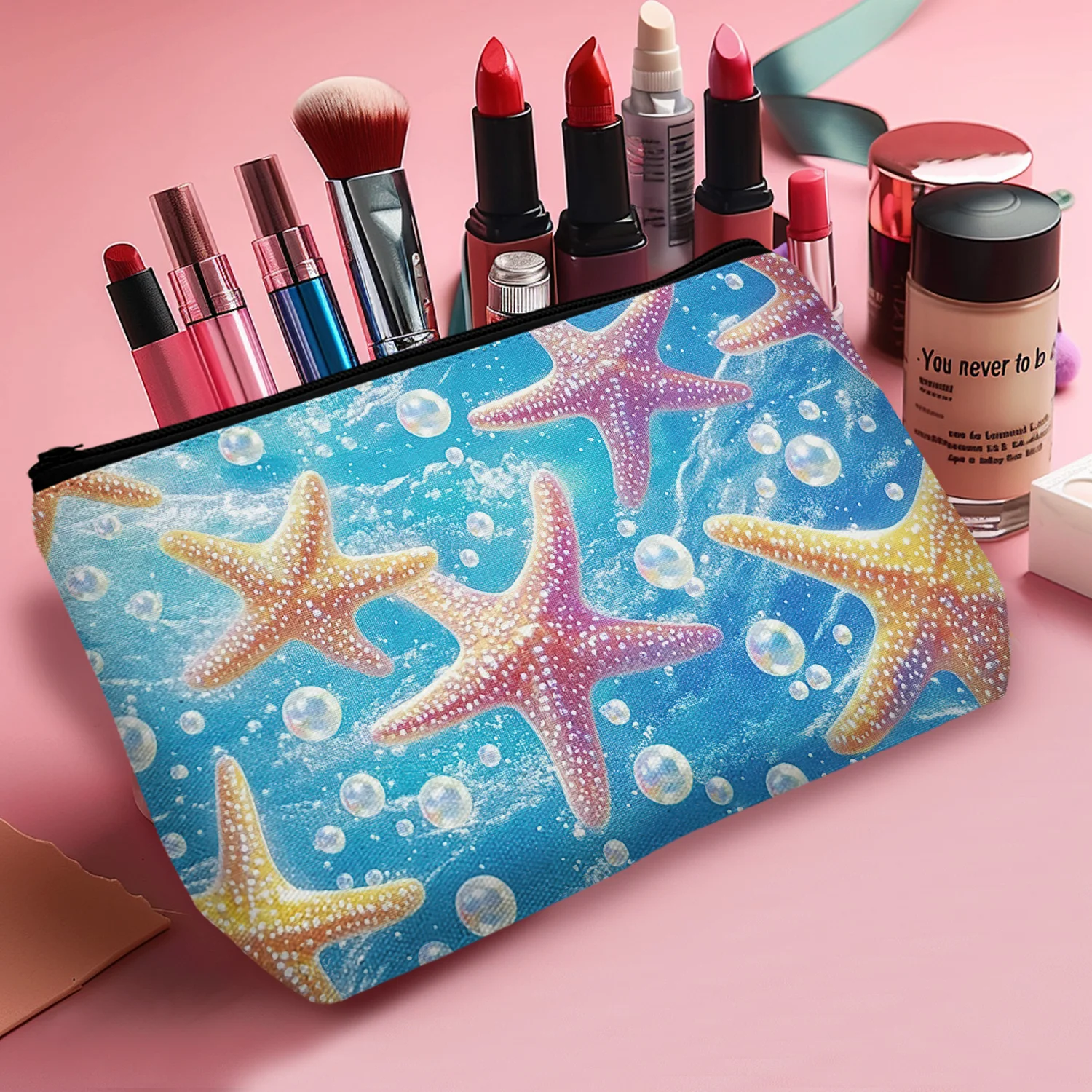 1Pc Beach Starfish Cosmetic Bag Coastal Blue Makeup Bags Travel Make Up Bags For Women Cute Zipper Best Gifts For Teachers C