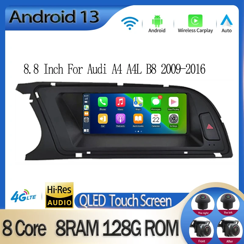 8.8 Inch Android 13 Car Radio Multimedia Player Carplay Auto For Audi A4 A4L B8 2009-2016 8 Core CPU BT GPS Navi 360 Camera WIFI