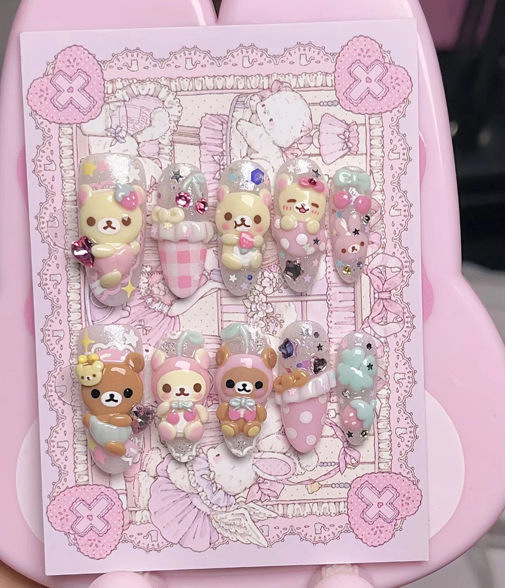 10Pcs Handmade 3D Bear Rilakkuma Rabbit Press On Nail Art Stickers Bowknot Cake Cream Chocolate Manicure Birthday Gift view 3