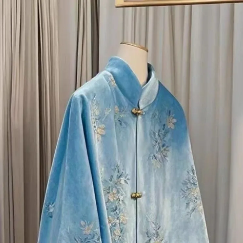 Chinese Style Blue Embroidered Velvet Jacket Women Autumn New Tang Style Collar Buckle Reduced Age Female Coat