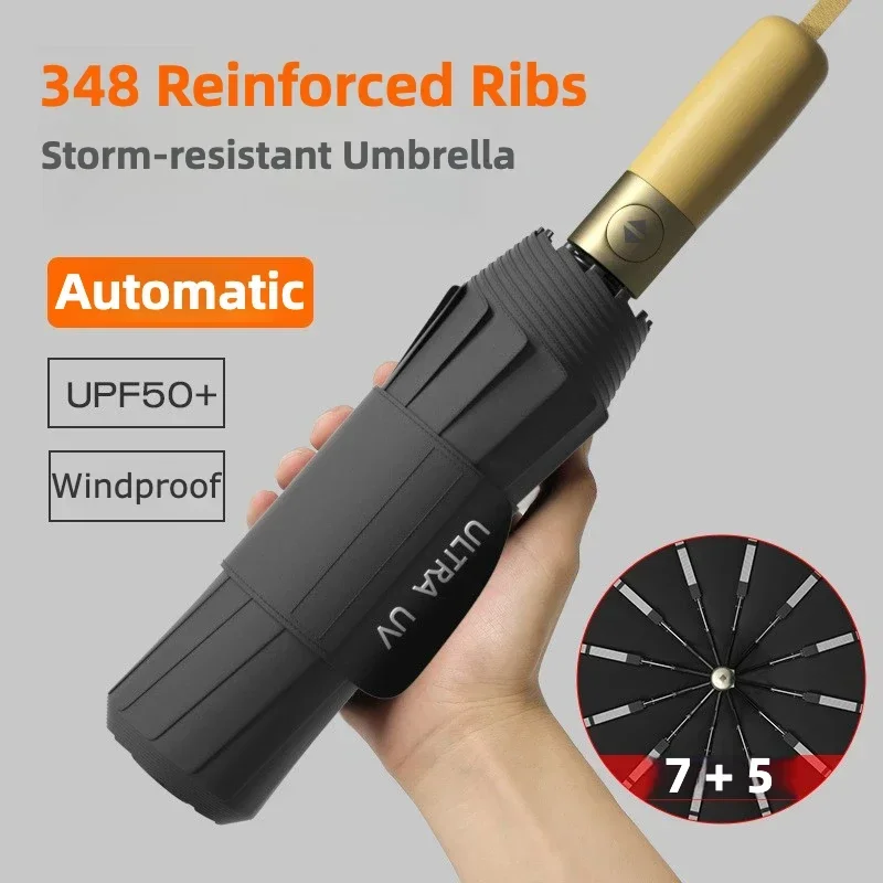 Ombrello automatico anti tempestade, 348 stecche rinforzate antivento, Ombrelli pieghevoli con protezione solare e pioggia UV UPF 50+ per uomo donna