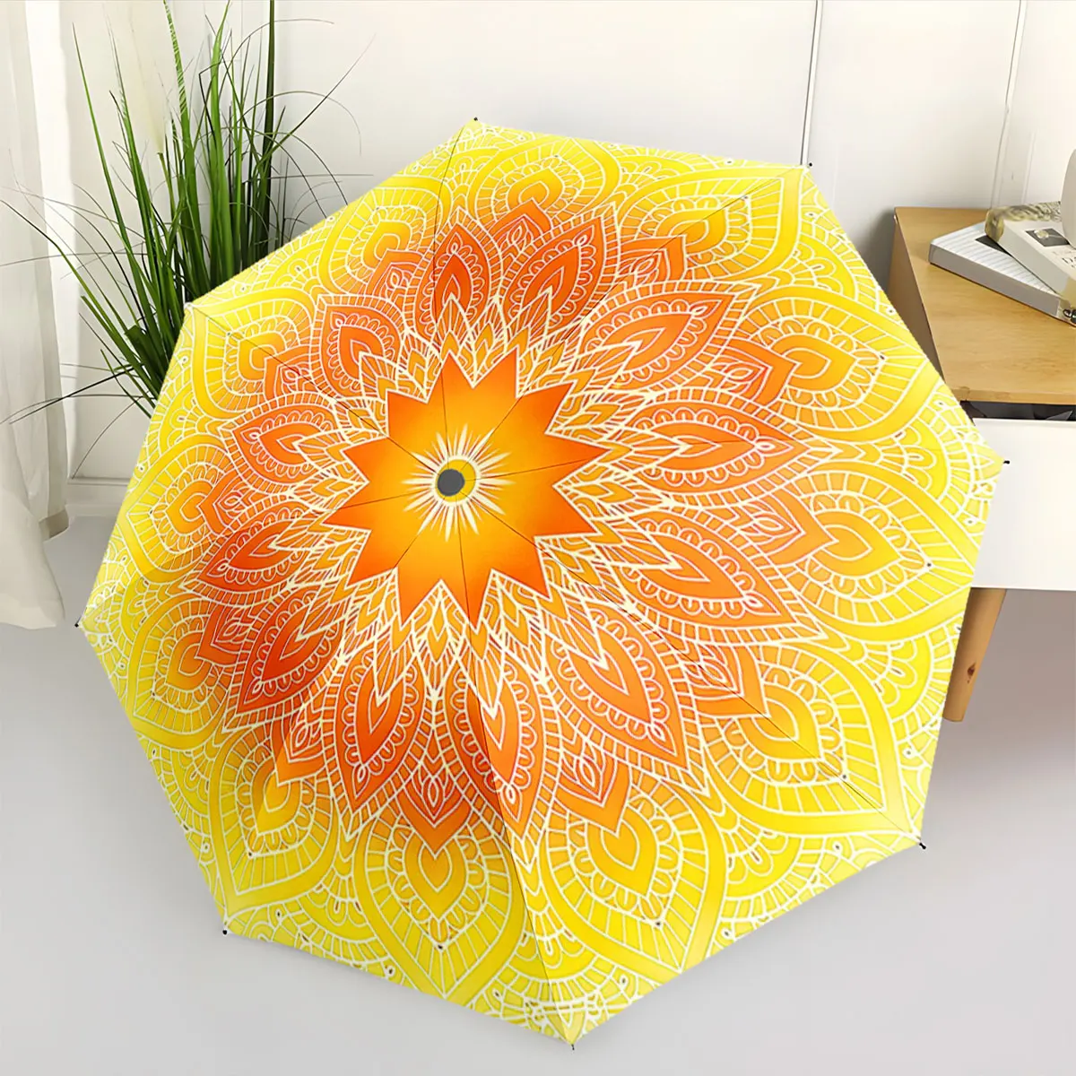 1PC Mandala Design Umbrella: Vibrant Yellow and Orange Print 8 Iron Ribs Folding Umbrella Auto-Open Fashion Sunshade
