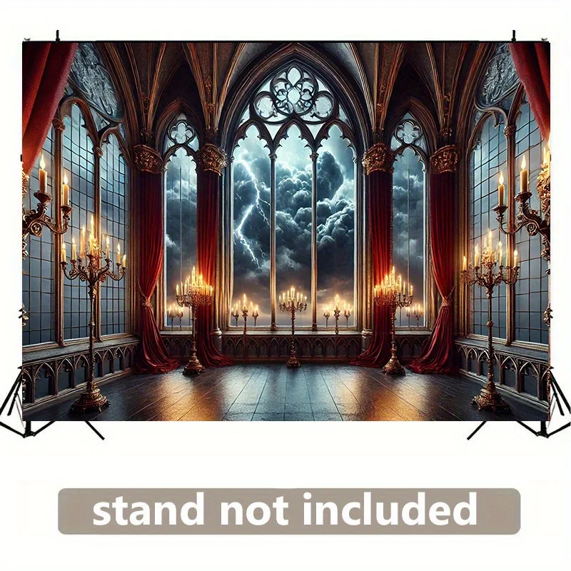Gothic Window Lightning Tapestry, Stormy Night Landscape Wall Art for Dramatic Living Room and Gothic Bedroom Decor